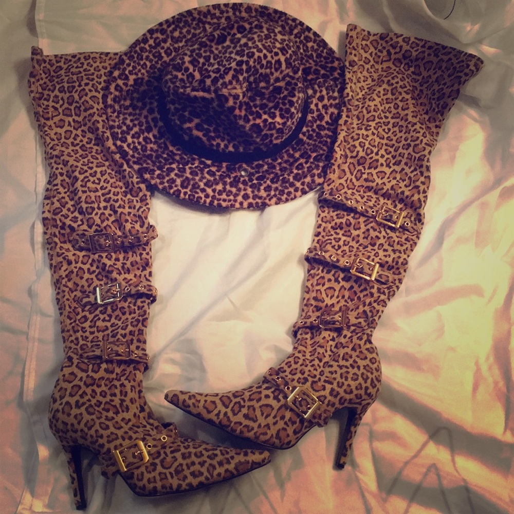 Colin Stuart leopard thigh high boots